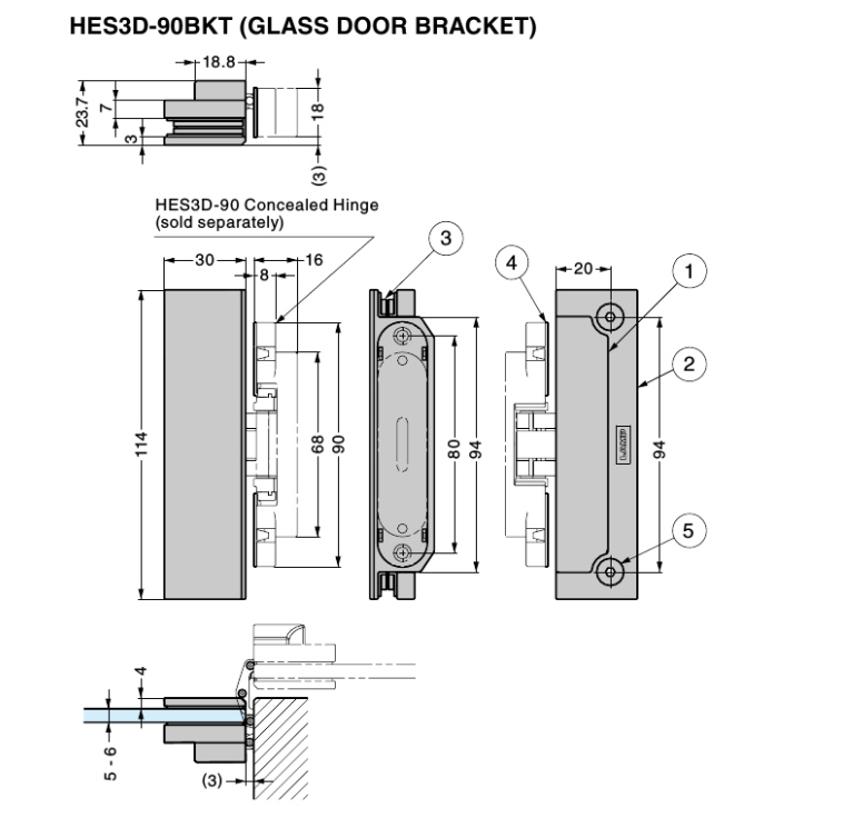 Glass Bracket for Concealed Sugatsune HES3D-90 Door Hinge