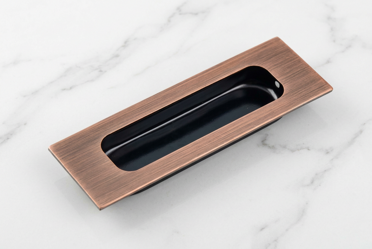 A rectangular pull handle with a brushed bronze finish and a black recessed center, shown on a white surface. Small Chinese text appears in the bottom right corner indicating a length of 120mm.