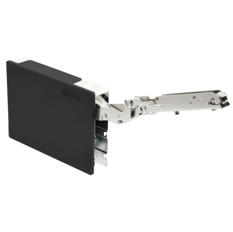 A close-up of a hinge mechanism with a matte black rectangular cover and a polished silver metal arm, shown on a plain white background.