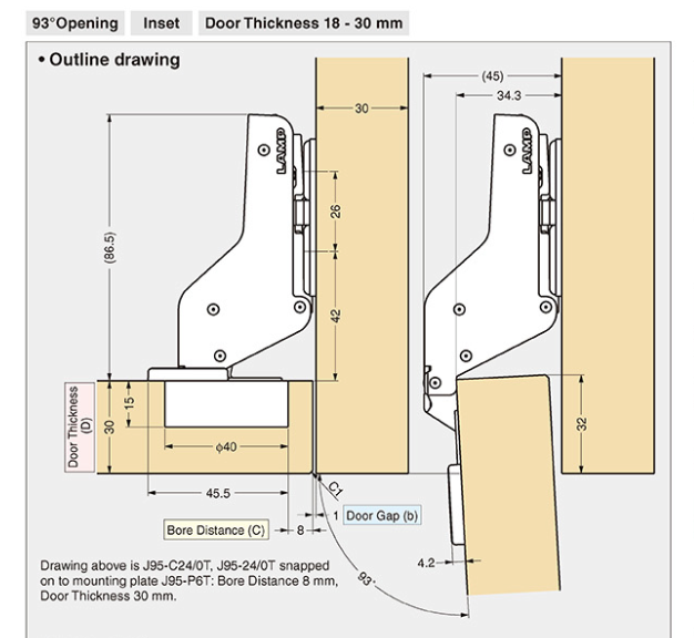 Sugatsune Sprung Inset Heavy Duty Cabinet Hinge J95-C24/0T