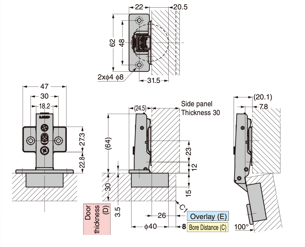Sugatsune Sprung Full Overlay Thick Door Cabinet Hinge H360