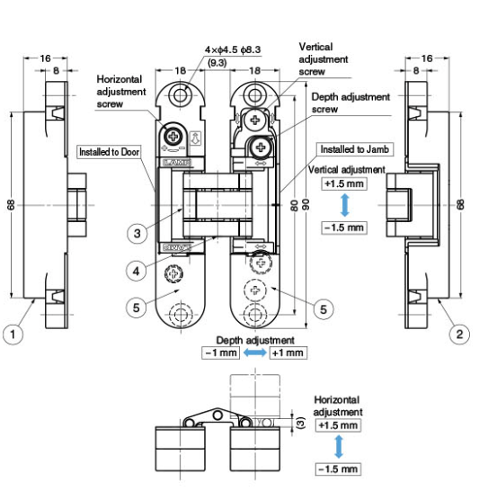 Concealed Adjustable Small Sugatsune HES3D-90 Door Hinge