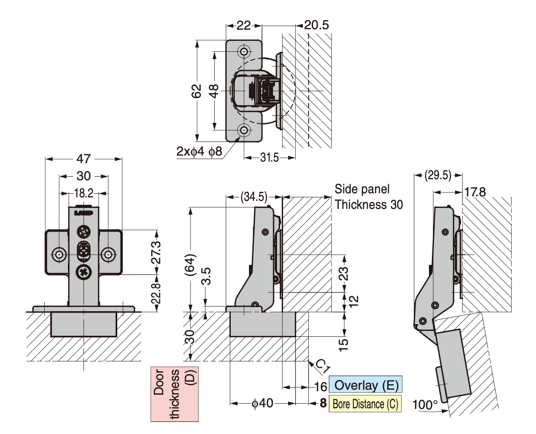 Sugatsune Sprung Half Overlay Thick Door Cabinet Hinge H360