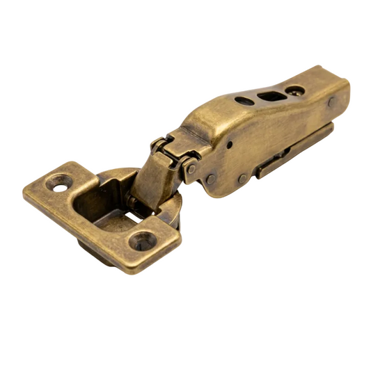 A stainless steel hinge component for cabinetry, shown open against a plain white background.