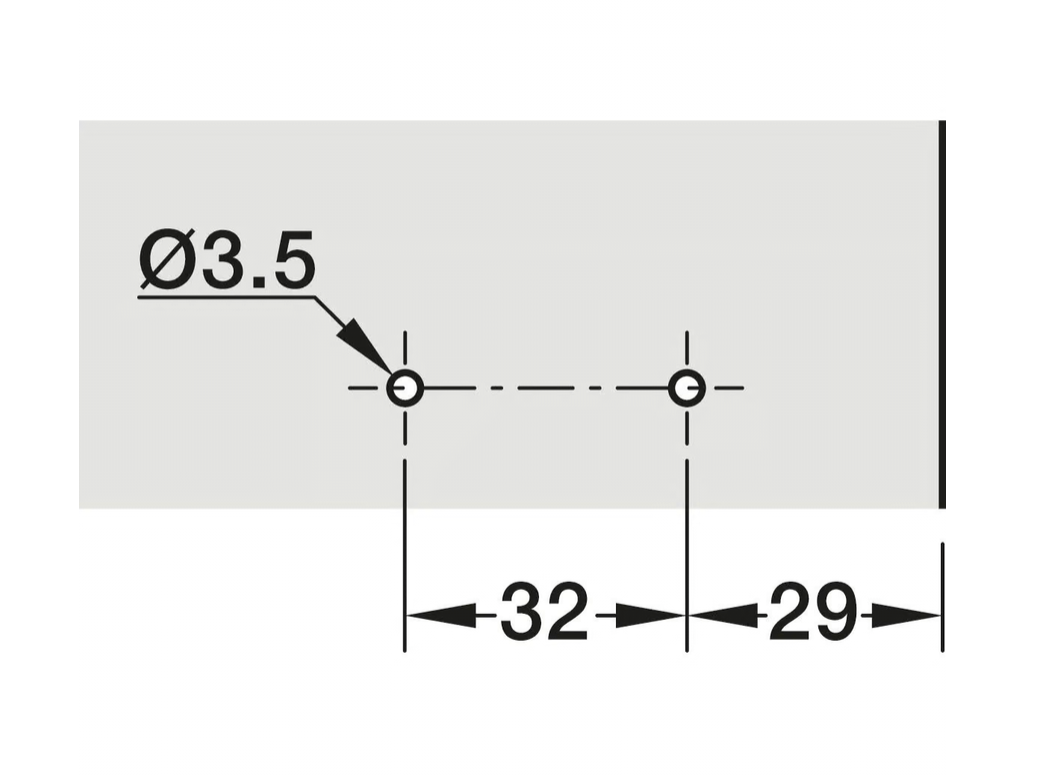 Technical dimension drawing showing two circular holes with a Ø3.5 label, spaced 32 and 29 units apart, on a light gray rectangle with a white background.