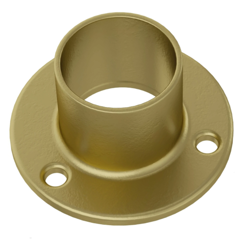 A gold-colored metal pipe flange fitting with a cylindrical center and two pre-drilled mounting holes, shown on a plain white background.