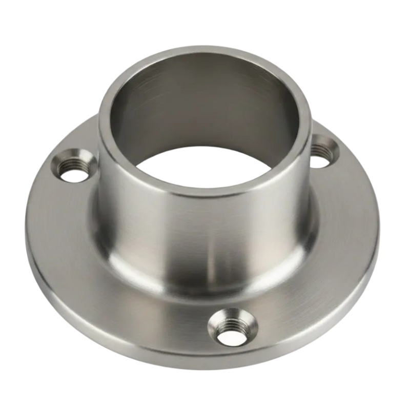 A brushed metal cylindrical flange with a central hole and three threaded mounting holes on a plain white background.