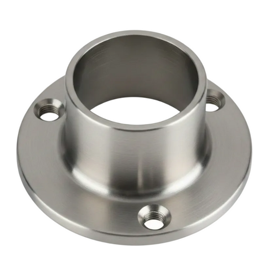 A brushed metal cylindrical flange with a central hole and three threaded mounting holes on a plain white background.
