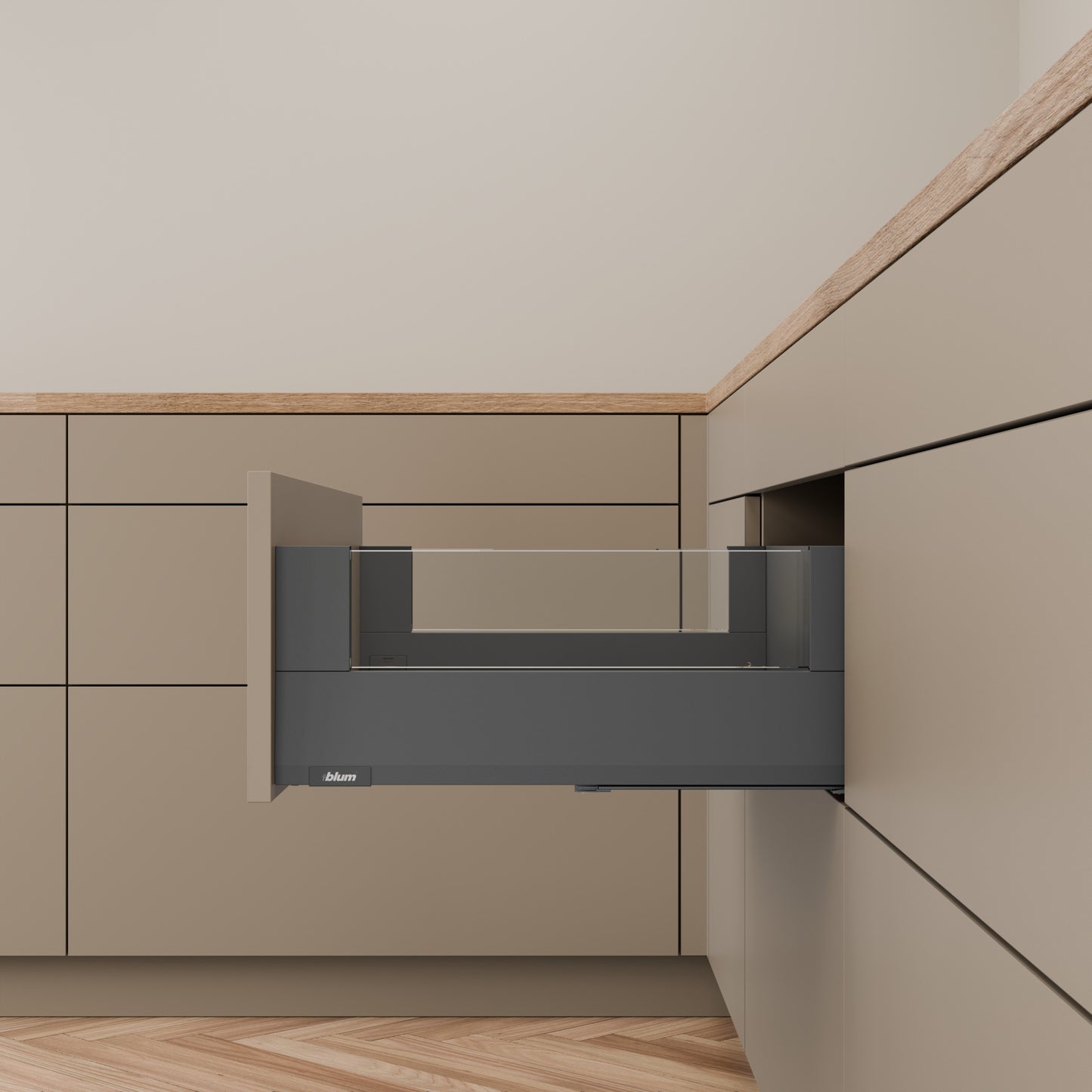 Blum MERIVOBOX Drawer Set E Height BOXGLASS Orion Grey