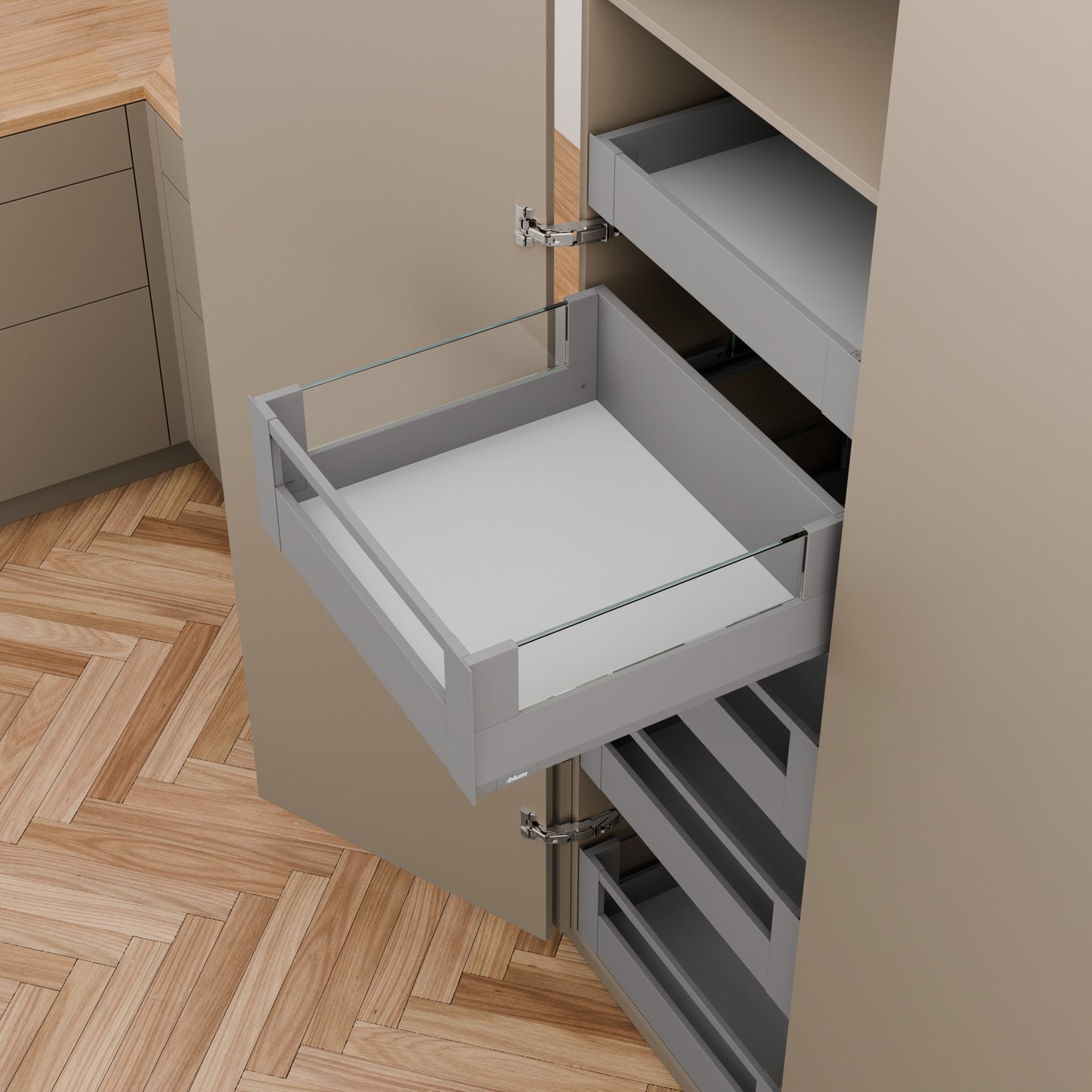 Blum MERIVOBOX Drawer Set E Height BOXGLASS INTERNAL Orion Grey