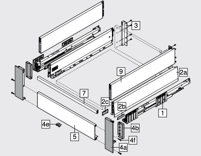 Blum MERIVOBOX Drawer Set E Height BOXCAP INTERNAL Orion Grey