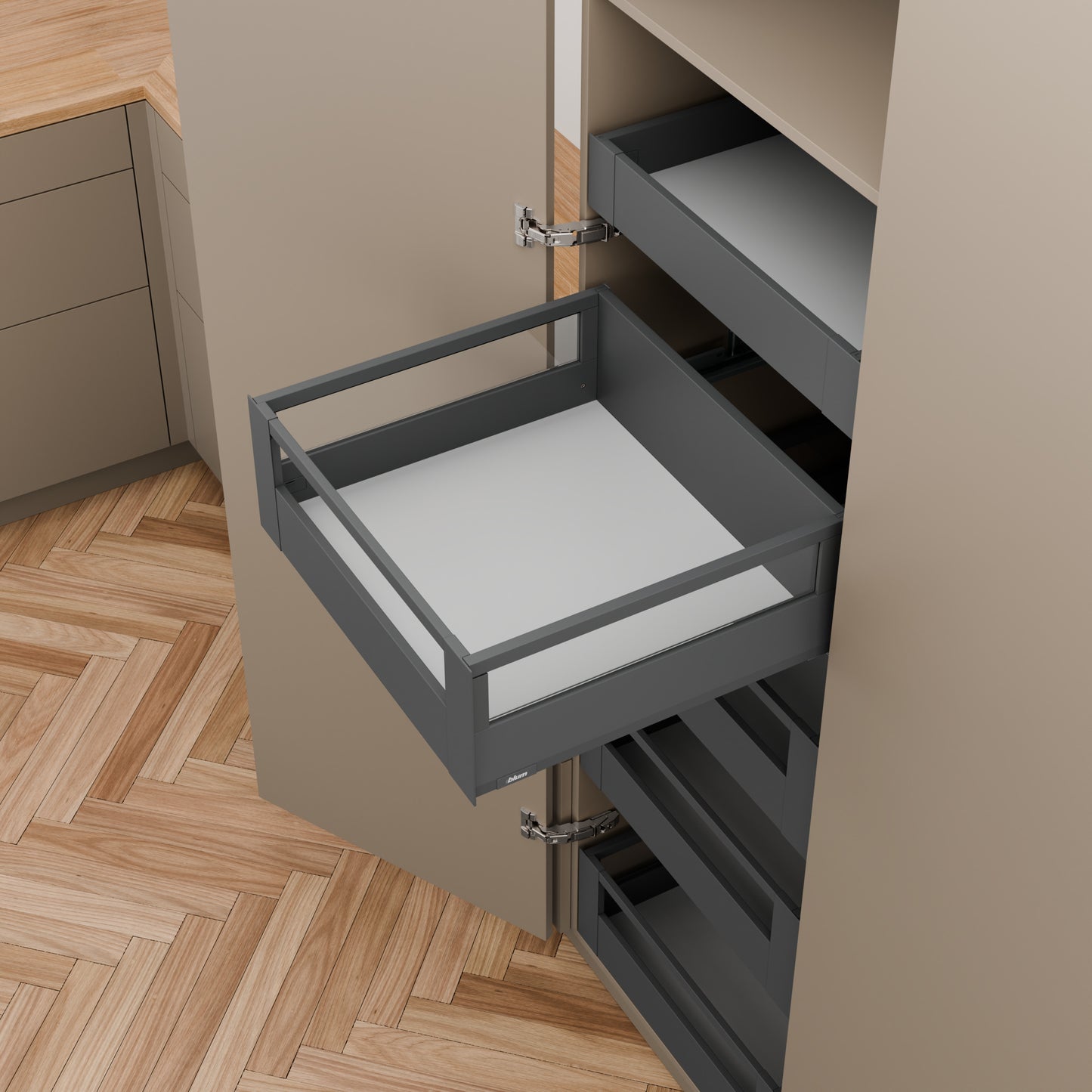 Blum MERIVOBOX Drawer Set E Height Gallery INTERNAL Orion Grey