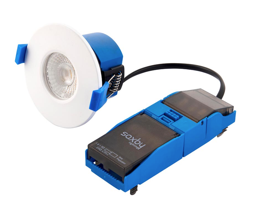 Blue and white LED downlight fixture with electronic ballast on a white background